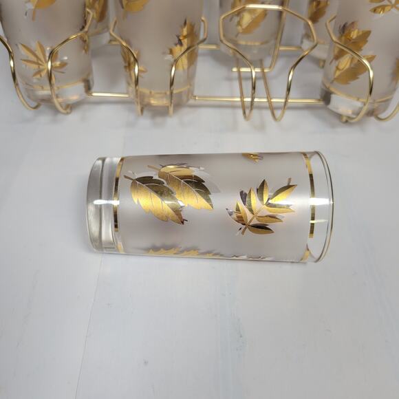 Vintage Libbey Gold Leaf 8 Tumbler Set and Carrier, Hollywood Regency 12 oz - Picture 2 of 4